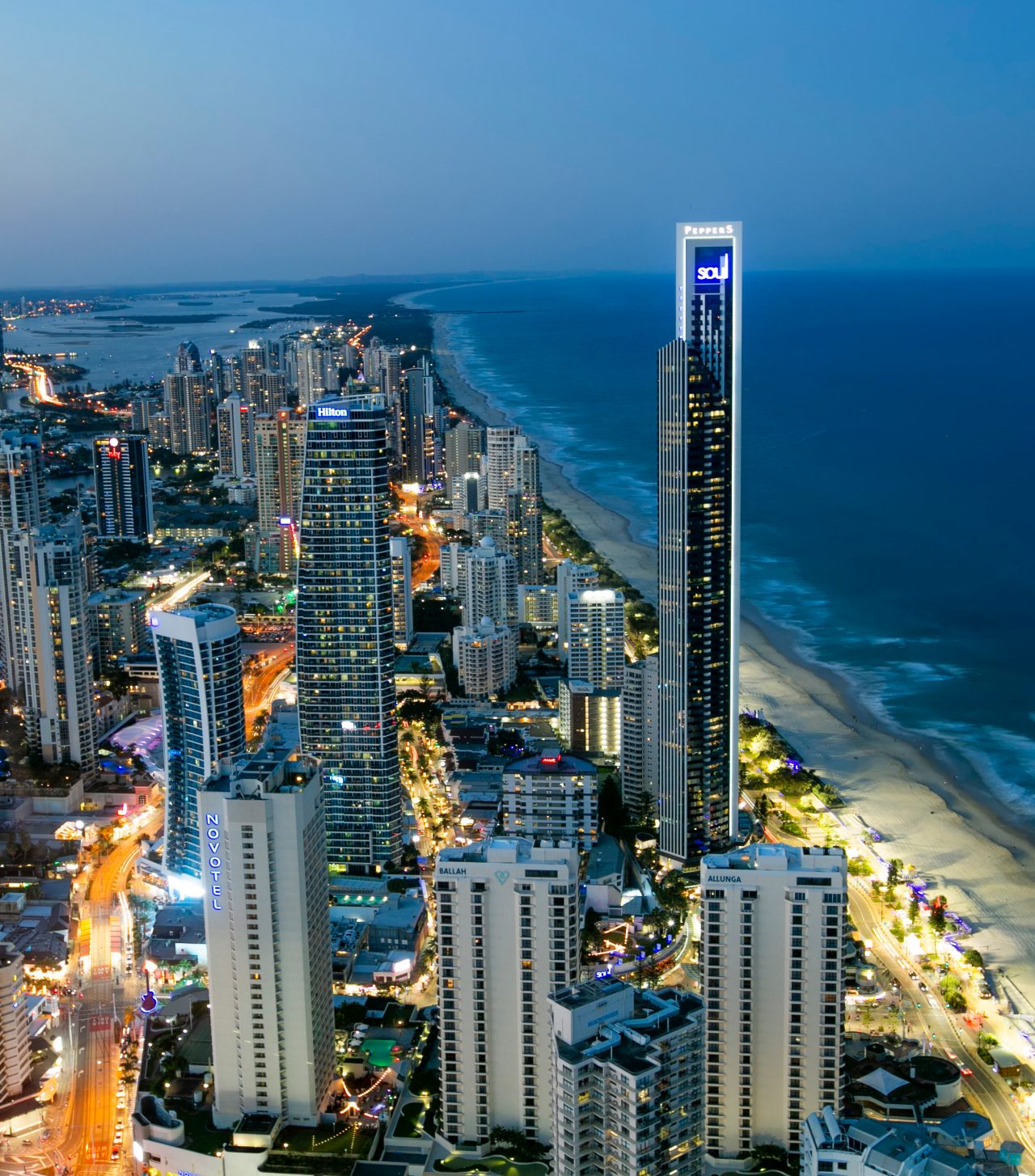Australia, Brisbane , Gold Coast, city skyline night view with blue ocean